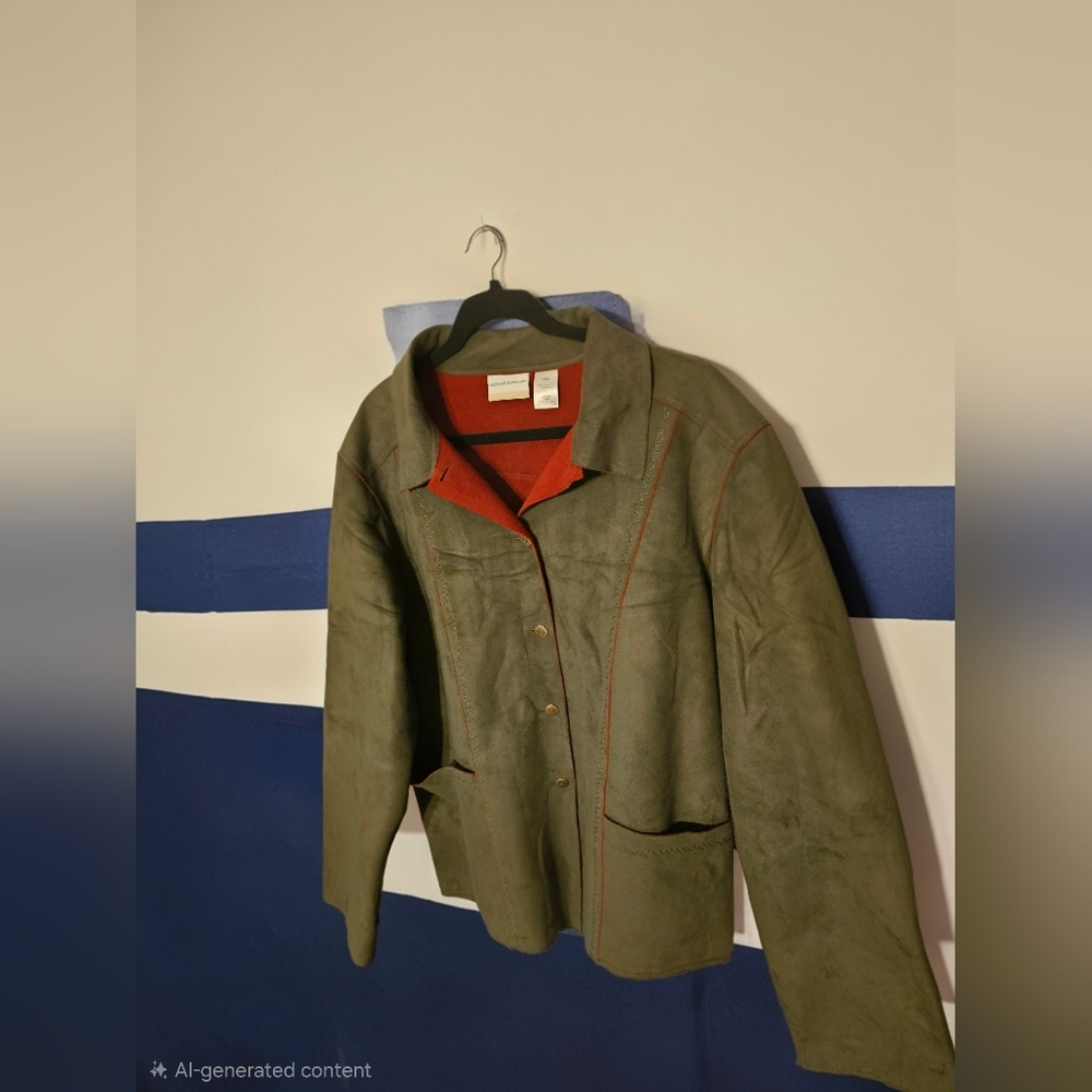 Alfred Dunner Olive Green Faux Suede Button Front Jacket
